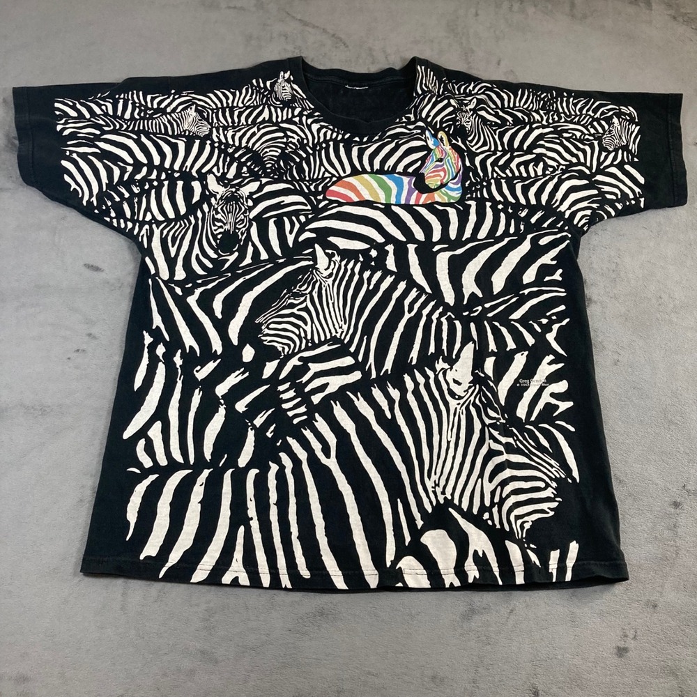 Vintage 1993 Liquid Blue Greg Genrich Zebra All Over Print T-Shirt Rainbow XL